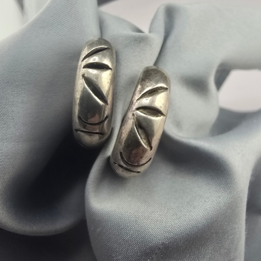 Vintage Mexican Sterling Silver Hoop Earrings  Etched Taxco Tribal 925 C-Hoop